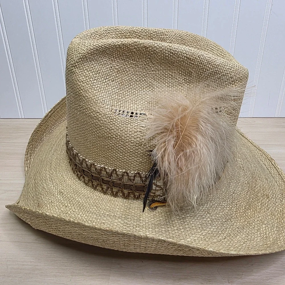 Stetson Roadrunner Straw Cowboy Hat Tan Bryantcote Finish Feather Mens Size 7